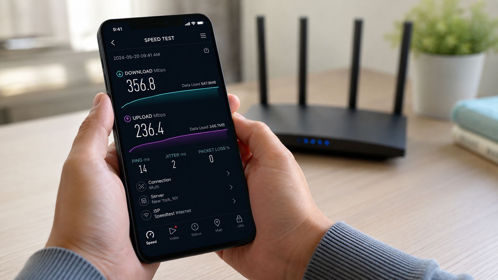 A person holding a smartphone showing a speed test app result with router visible in background.