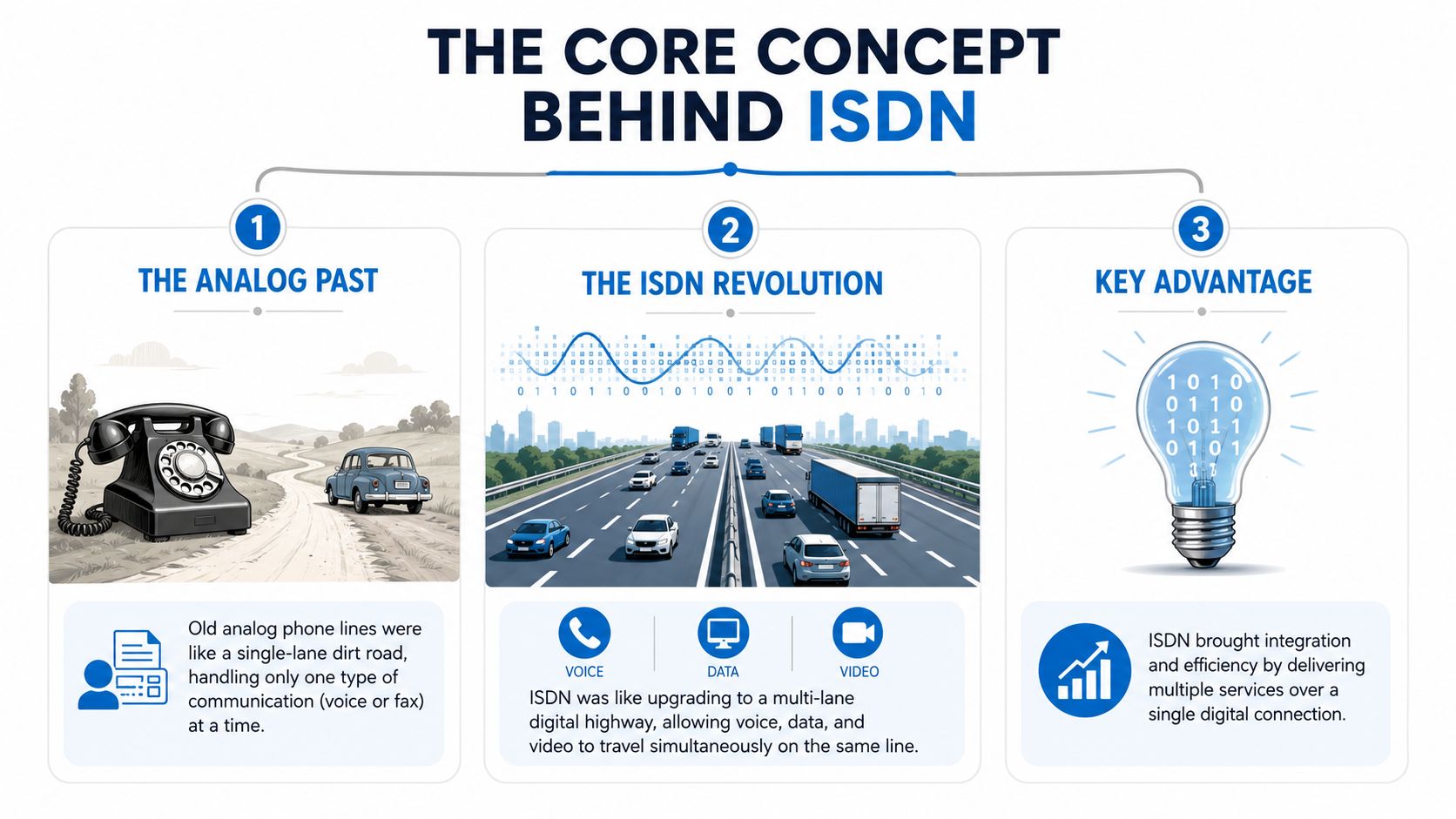 An infographic illustrating the transition from analog phone lines to ISDN digital technology for integrated communications.