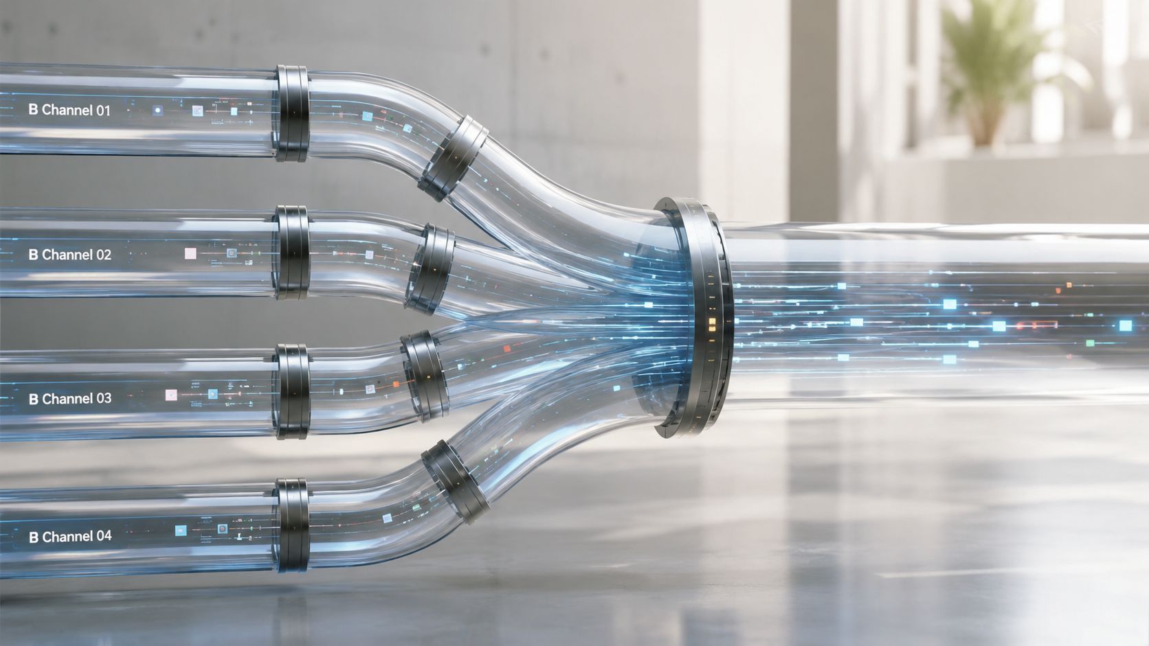A digital illustration showing four transparent pipes merging into one, symbolizing integrated data flow and network connectivity.