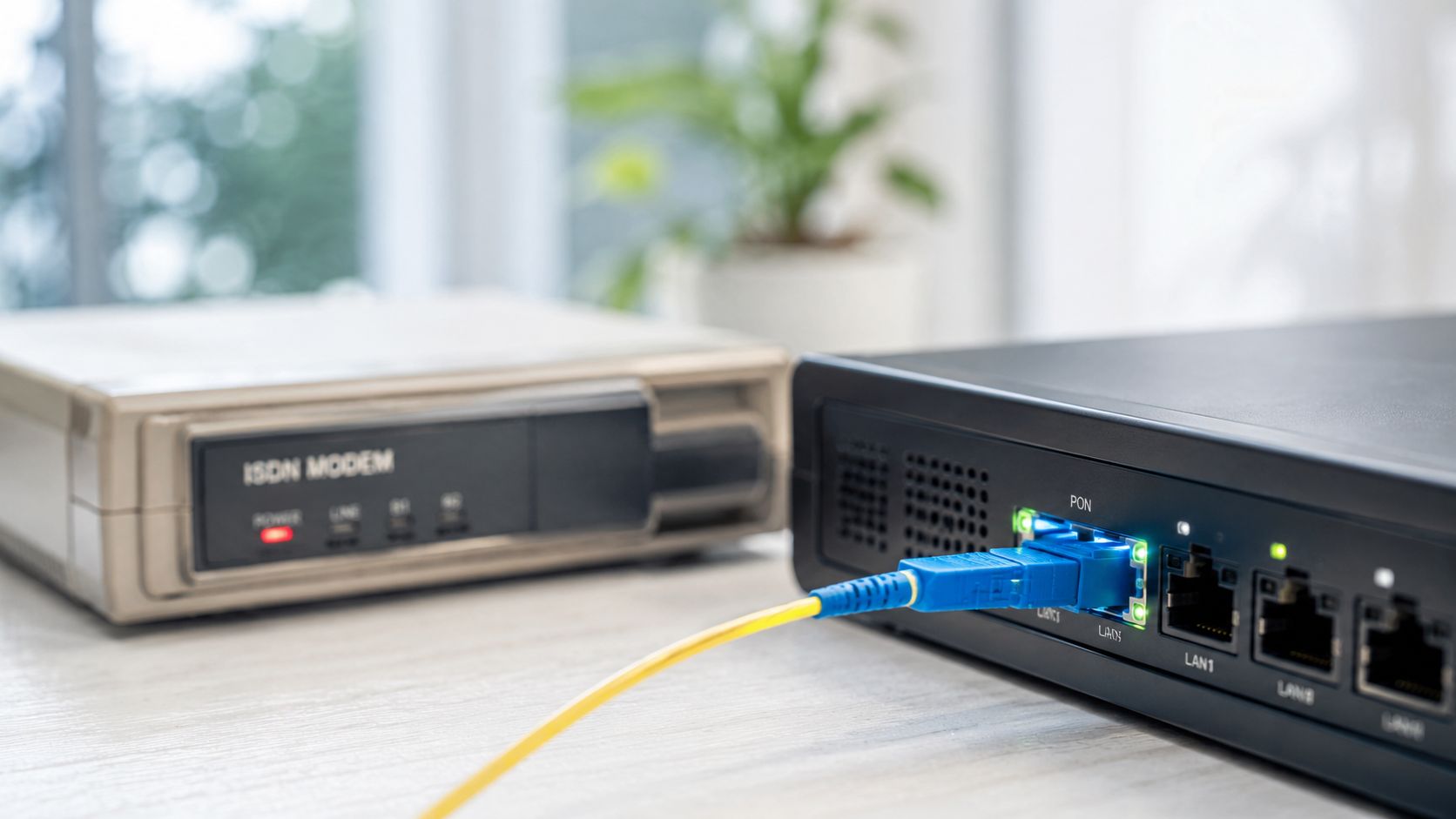 A modern fiber optic router sits next to an older ISDN modem on a wooden desk.