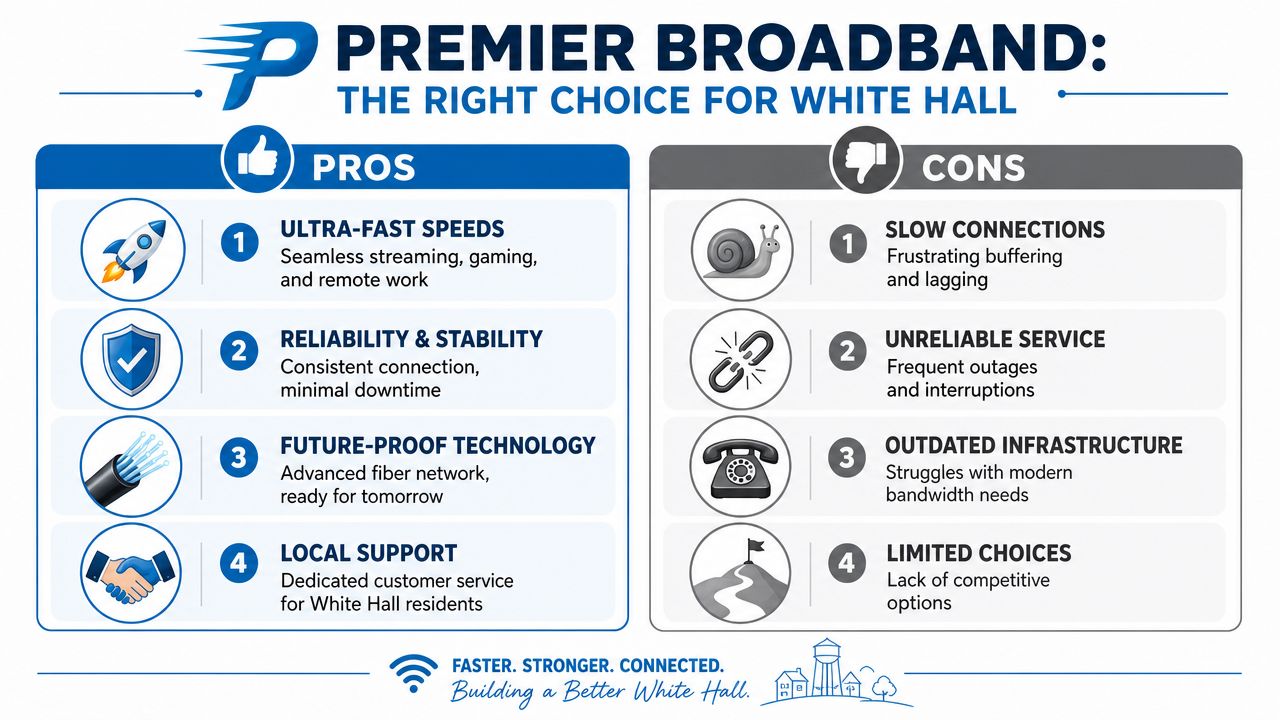 A comparison infographic showing pros and cons of Premier Broadband services for the residents of White Hall.