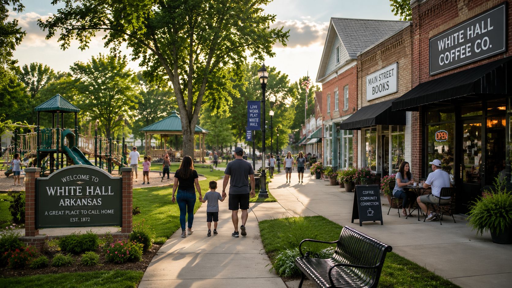 A family walks down a sidewalk in downtown White Hall, Arkansas, past shops, a park, and trees.