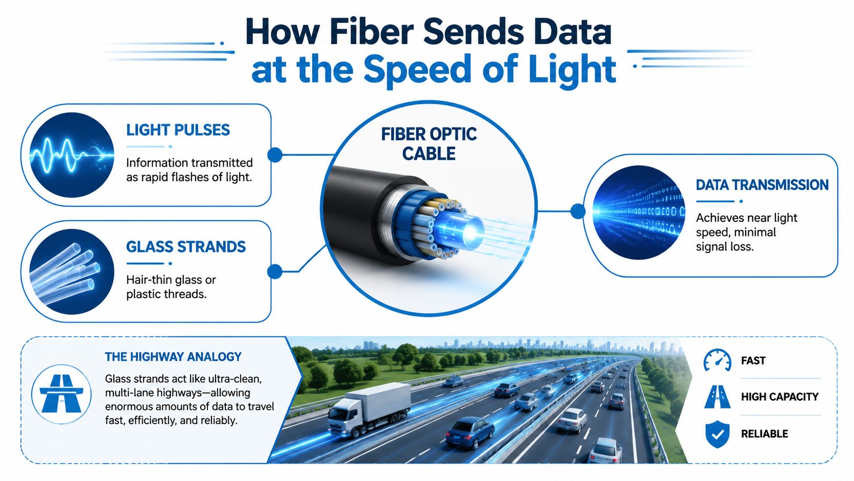 An infographic illustrating how fiber optic cables transmit data using light pulses through glass strands for high-speed internet.