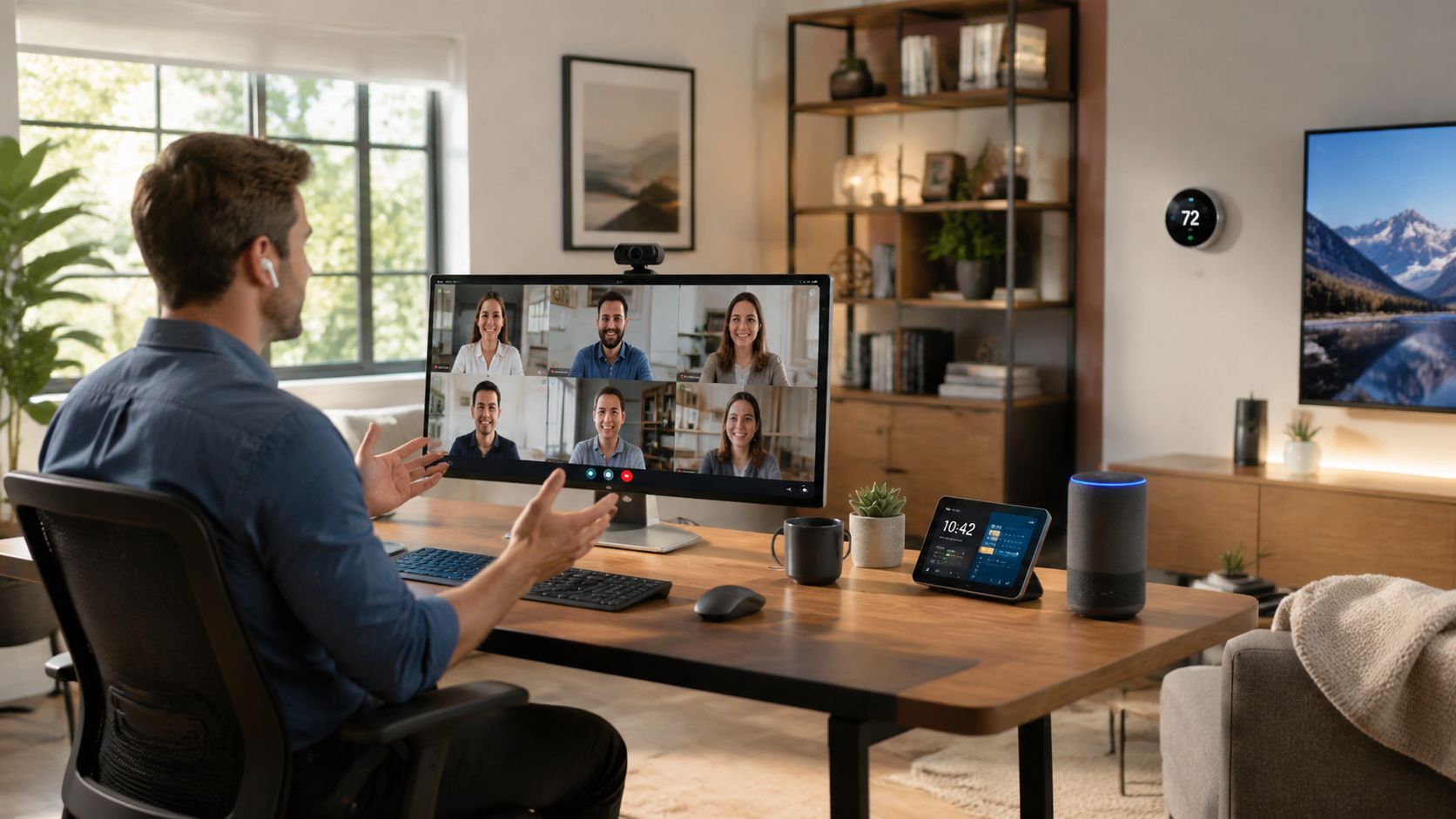 A professional man participates in a video conference from his home office during the workday.