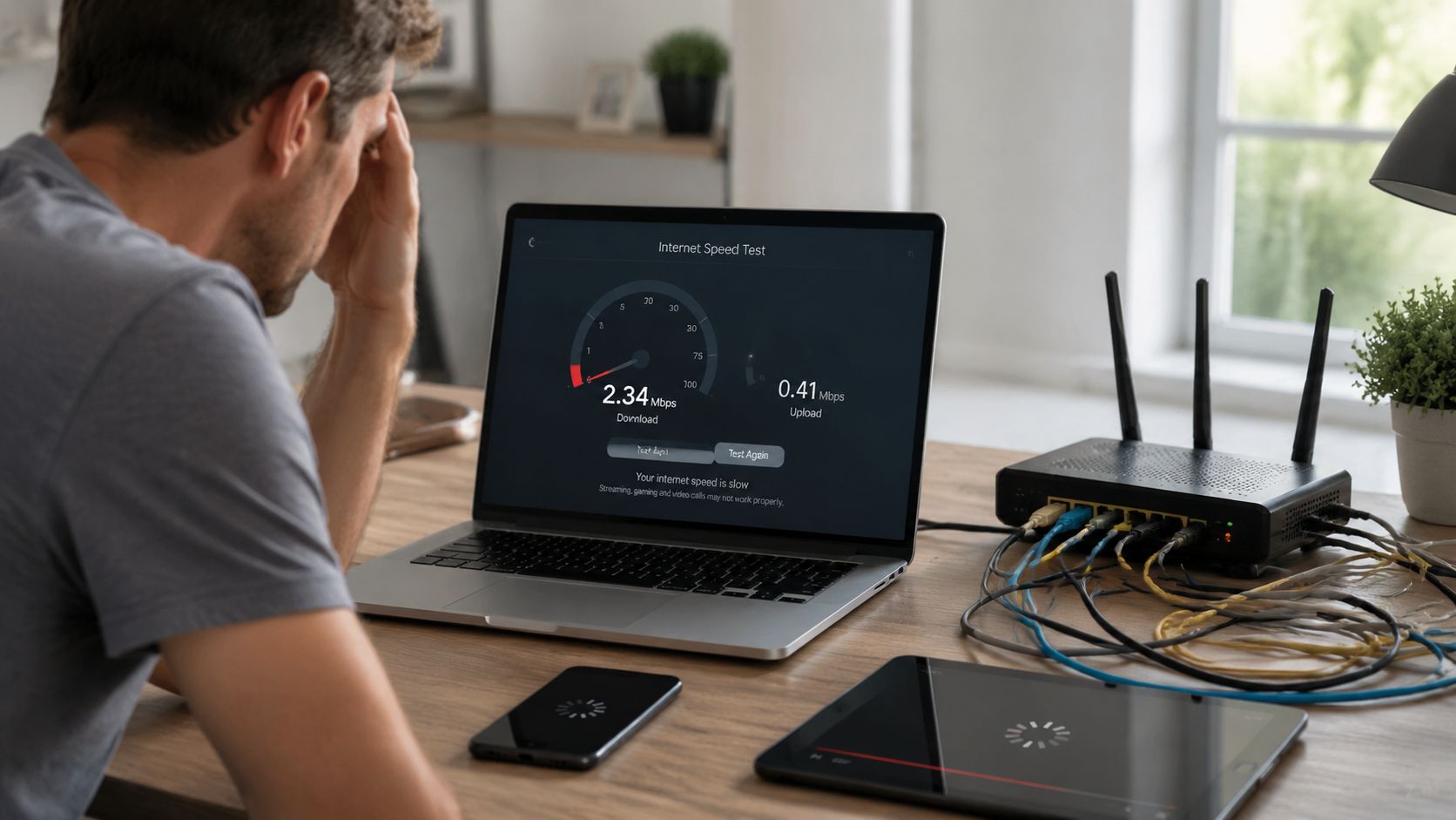 A frustrated man looking at a laptop displaying a slow internet speed test result on his desk.