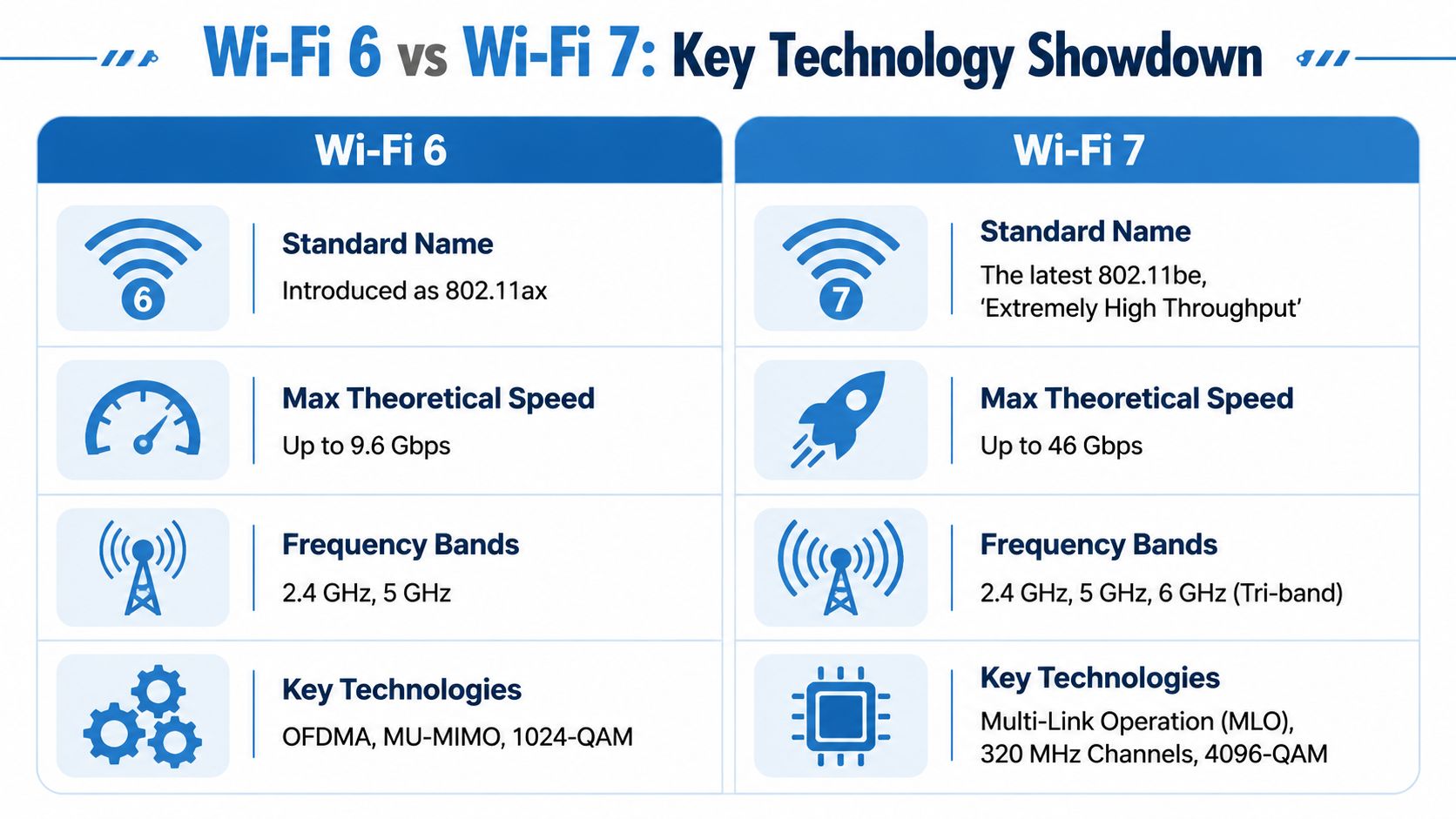 A comparison chart showing the key technological differences and specifications between Wi-Fi 6 and Wi-Fi 7.