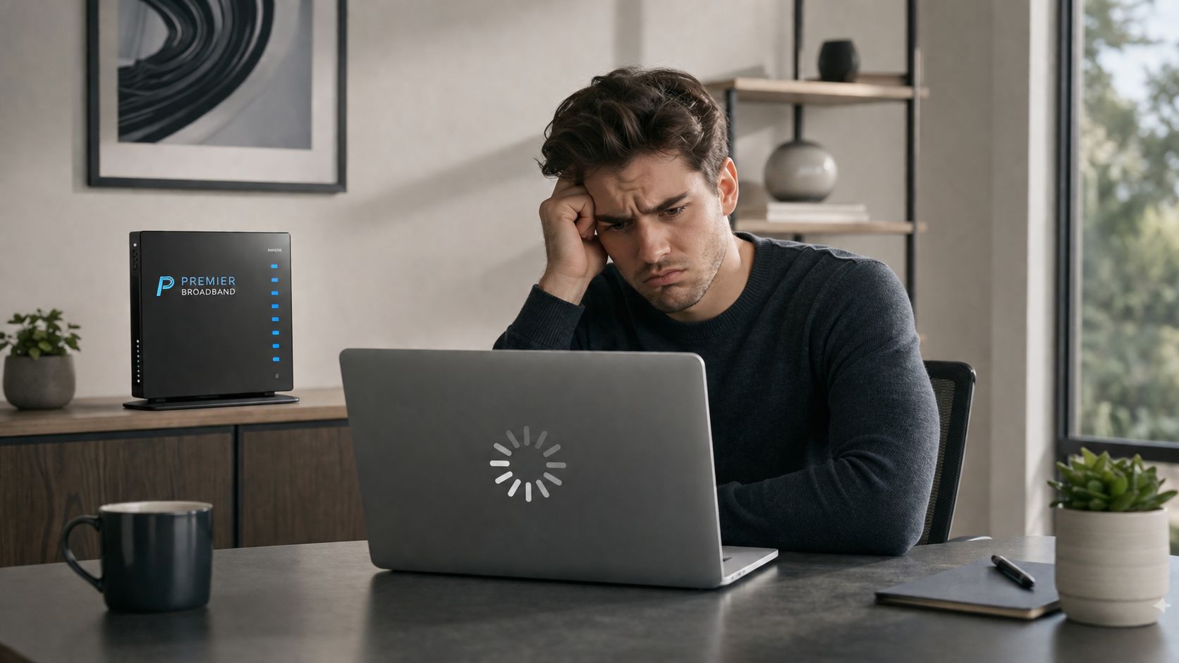 A frustrated man looking at a loading icon on his laptop next to a broadband router.