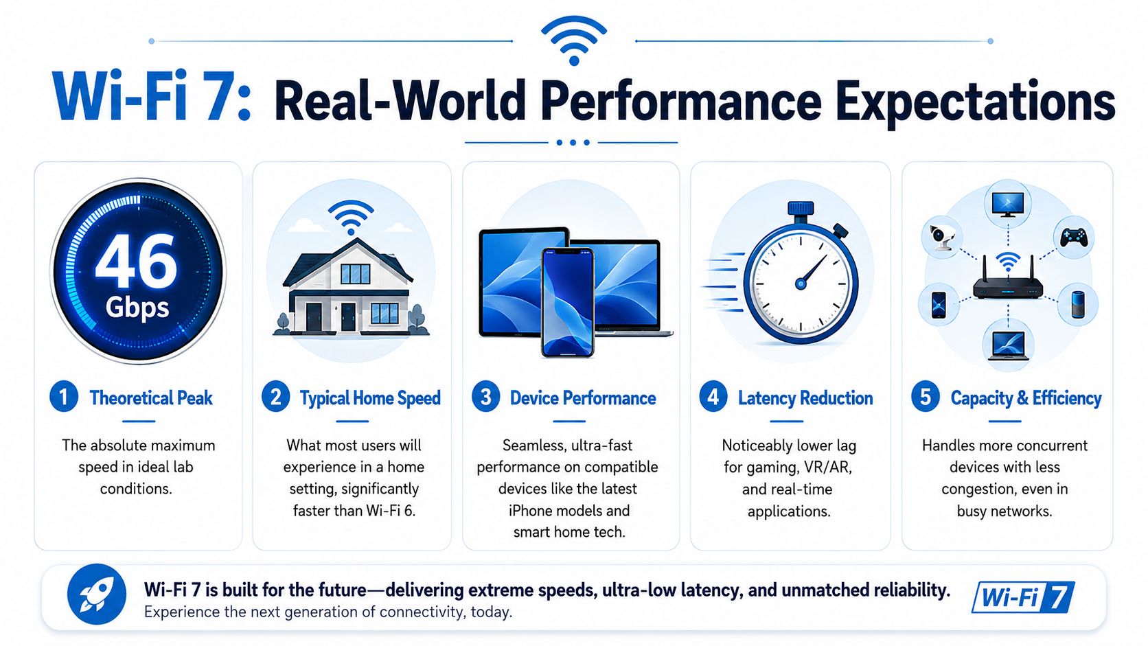 An infographic detailing the real-world performance expectations and benefits of the new Wi-Fi 7 wireless technology standard.