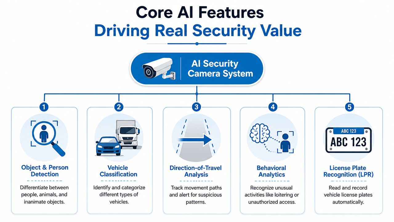 An infographic showing five core AI features for security camera systems, including detection, classification, and analysis technologies.