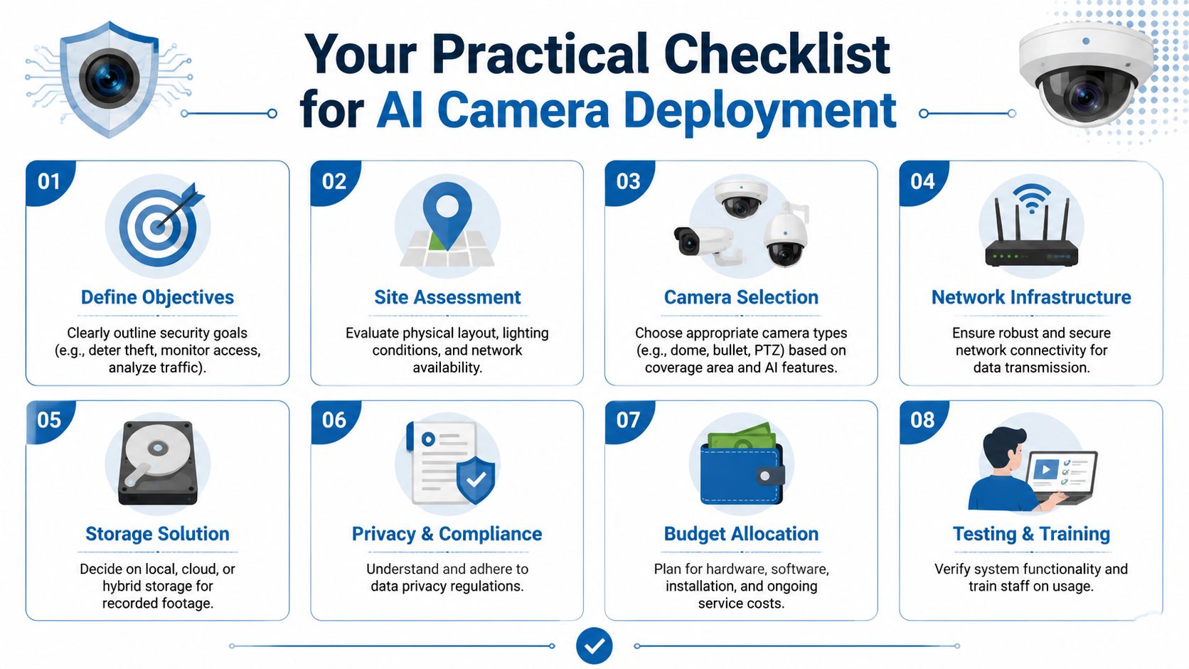 A professional infographic outlining an eight-step checklist for planning and implementing an AI-powered security camera system.