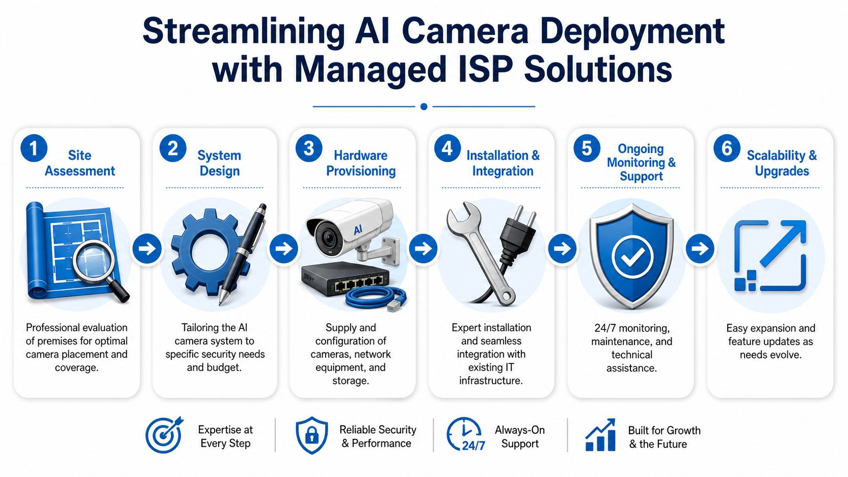 A six-step infographic illustrating the deployment process for AI security camera systems with managed ISP solutions.