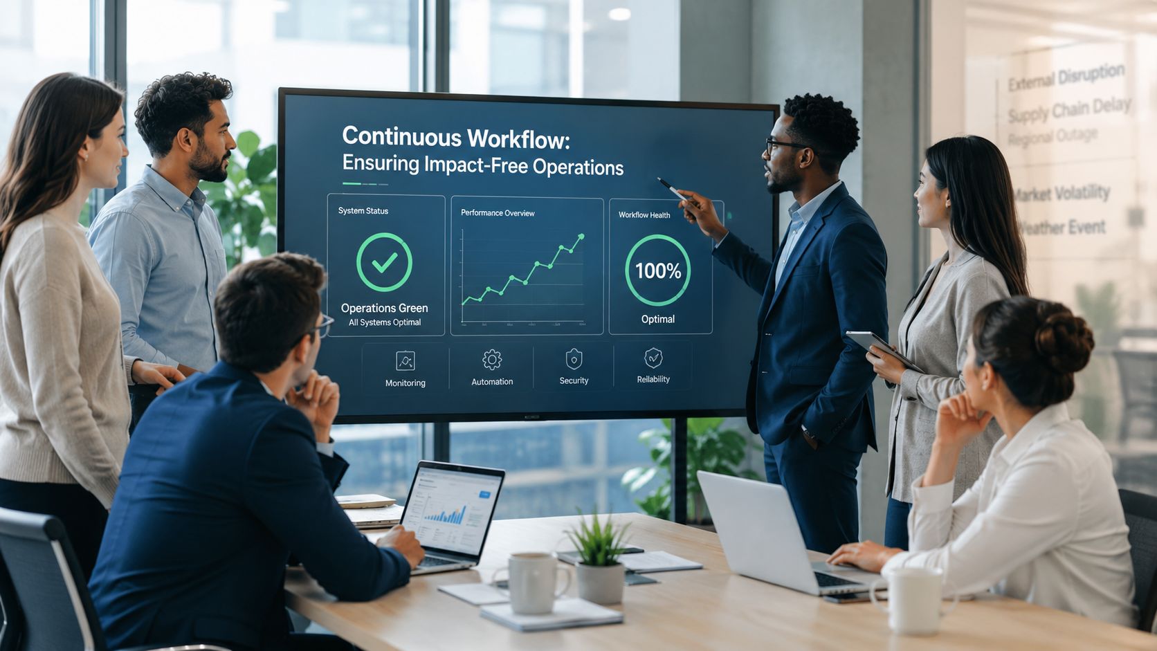 A professional business team holding a meeting about continuous workflow and operations in a modern office.