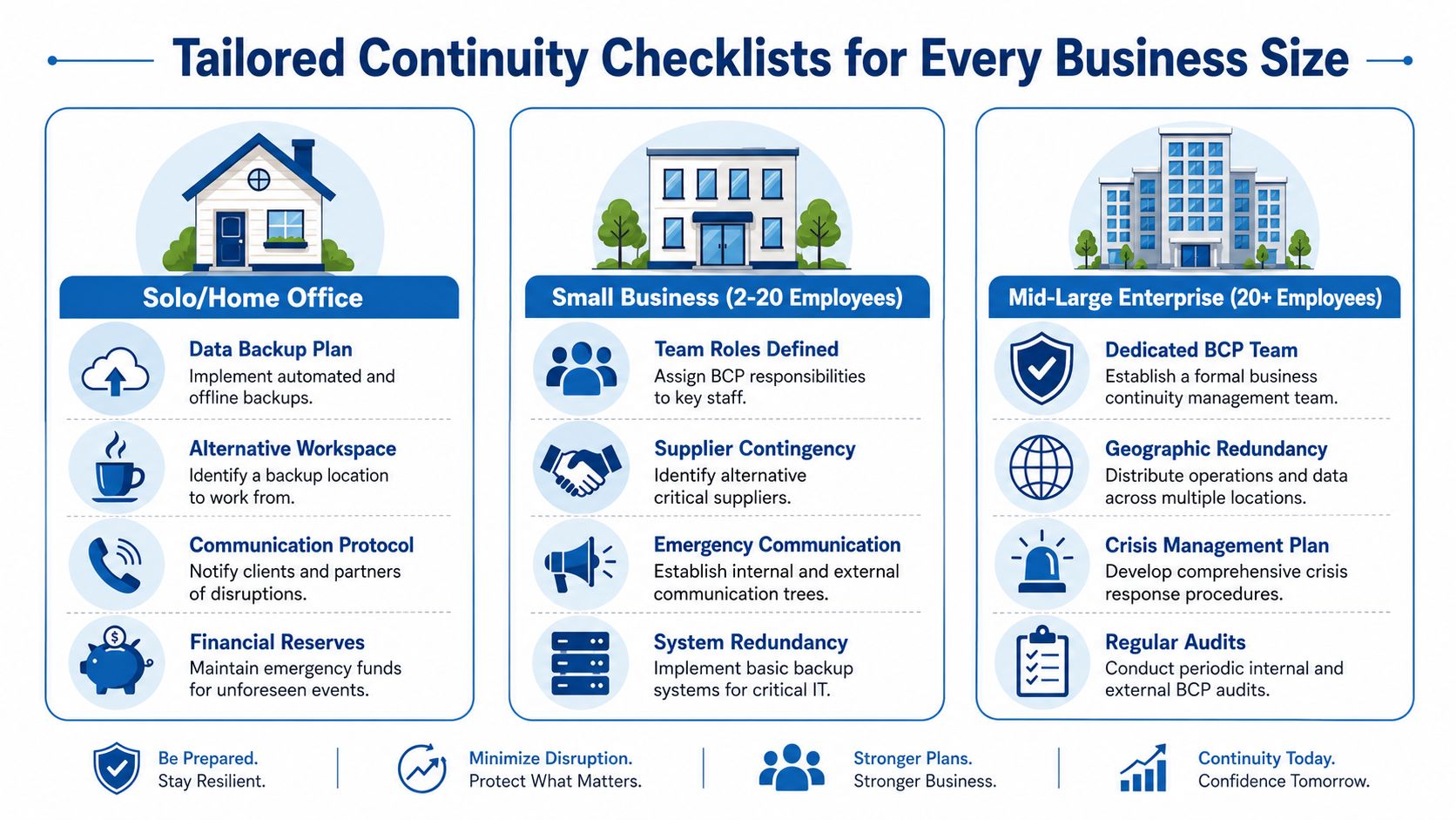 A visual chart detailing business continuity planning checklists for solo, small, and mid-large enterprise business sizes.