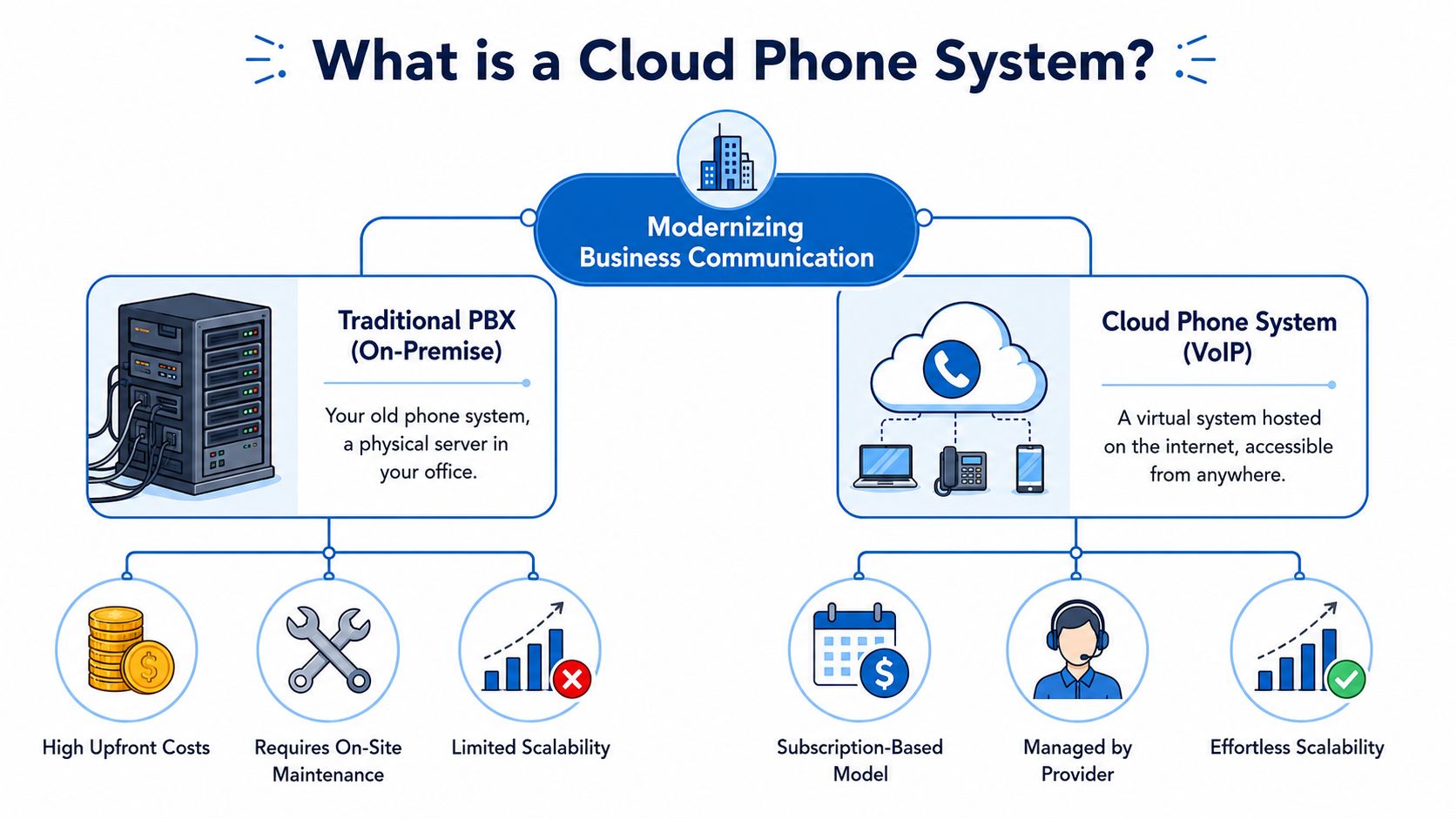 An infographic comparing traditional on-premise PBX systems with modern cloud-based VoIP phone systems for business communication.