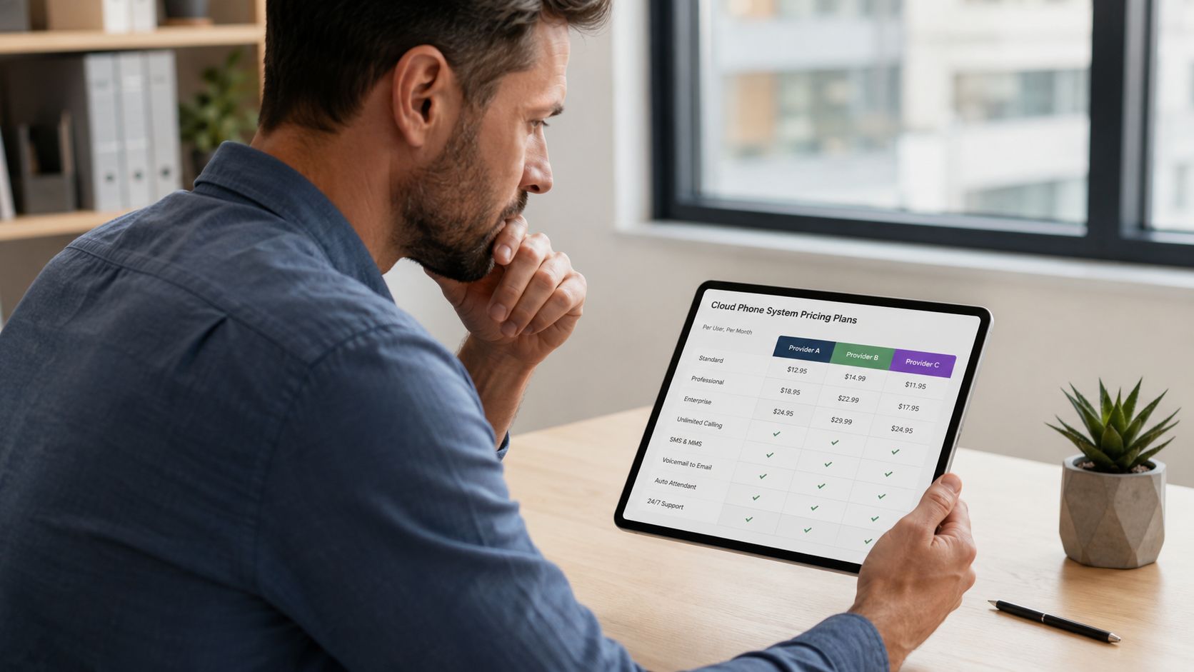 A professional man reviewing cloud phone system pricing comparison charts on a digital tablet at his office desk.