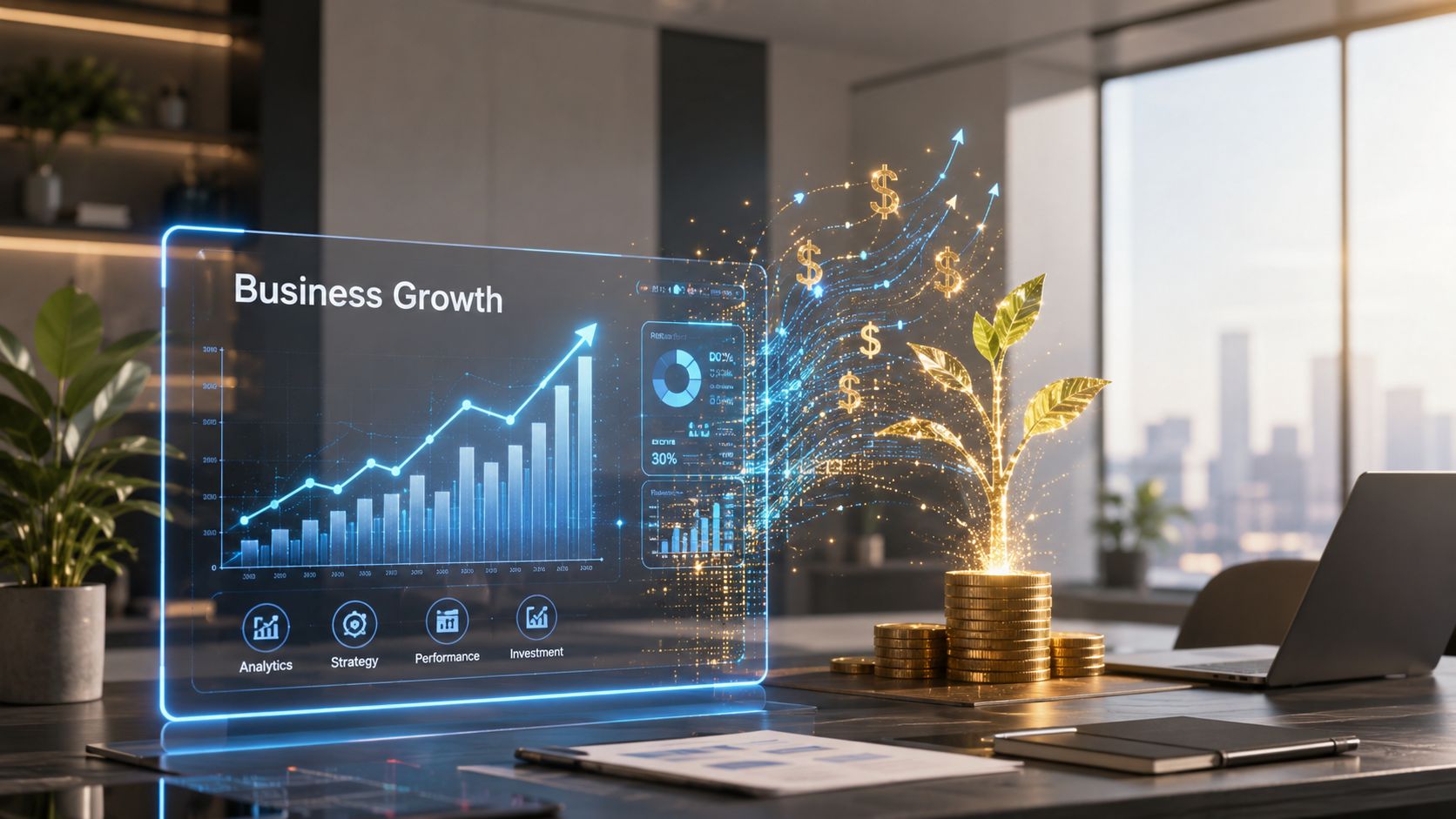 A digital display showing business growth charts with a golden plant growing out of stacked coins.