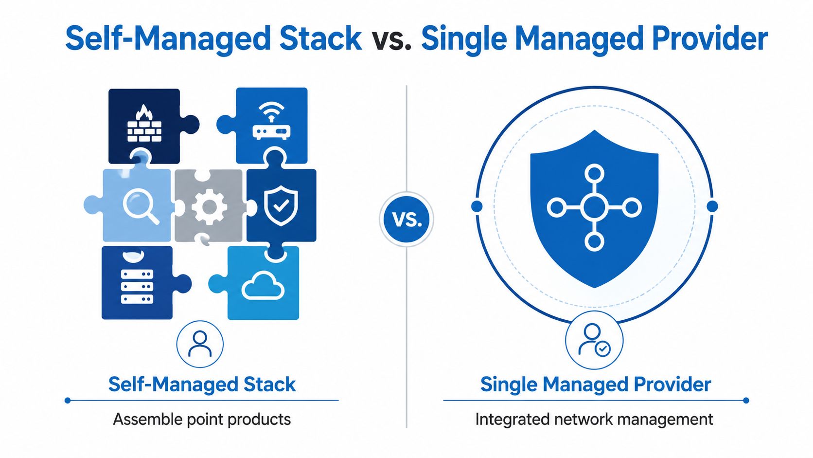 A comparison illustration between a complex self-managed technology stack and a unified single managed provider solution.