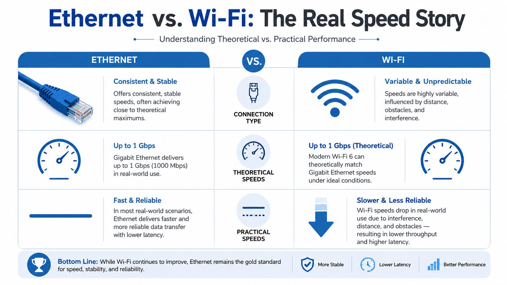 A comparison infographic showing that wired Ethernet provides more stable, reliable, and faster internet speeds than Wi-Fi.
