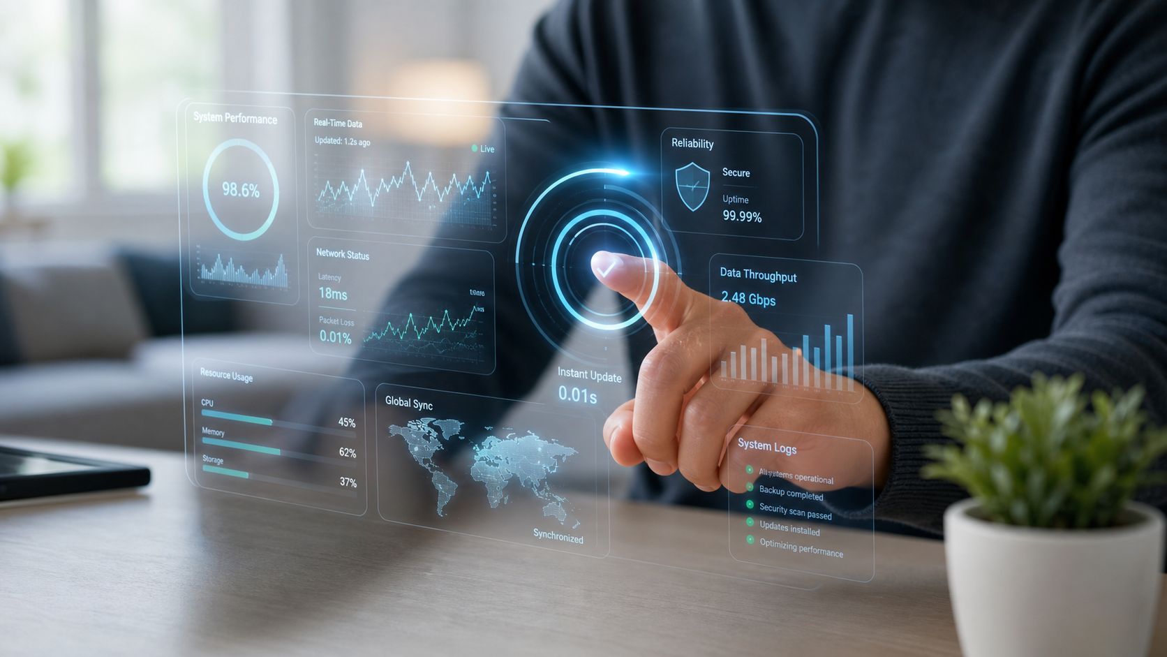 A person interacting with a futuristic holographic digital dashboard showing real-time network and system performance metrics.