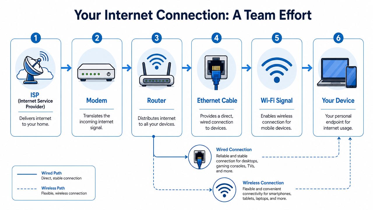 A diagram illustrating how home internet connectivity works from the service provider to your personal devices.