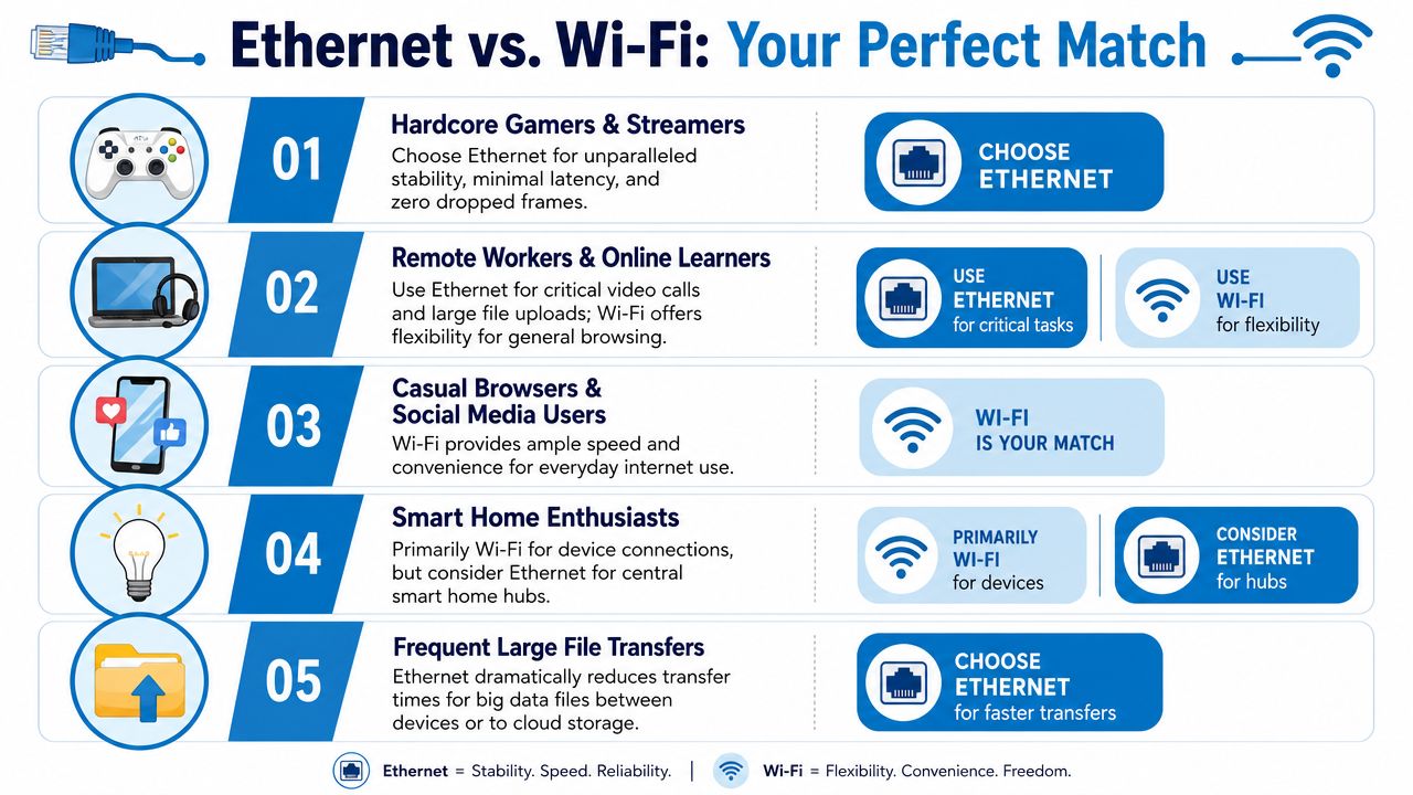 An infographic comparing Ethernet and Wi-Fi to help users choose the best connection for their specific needs.