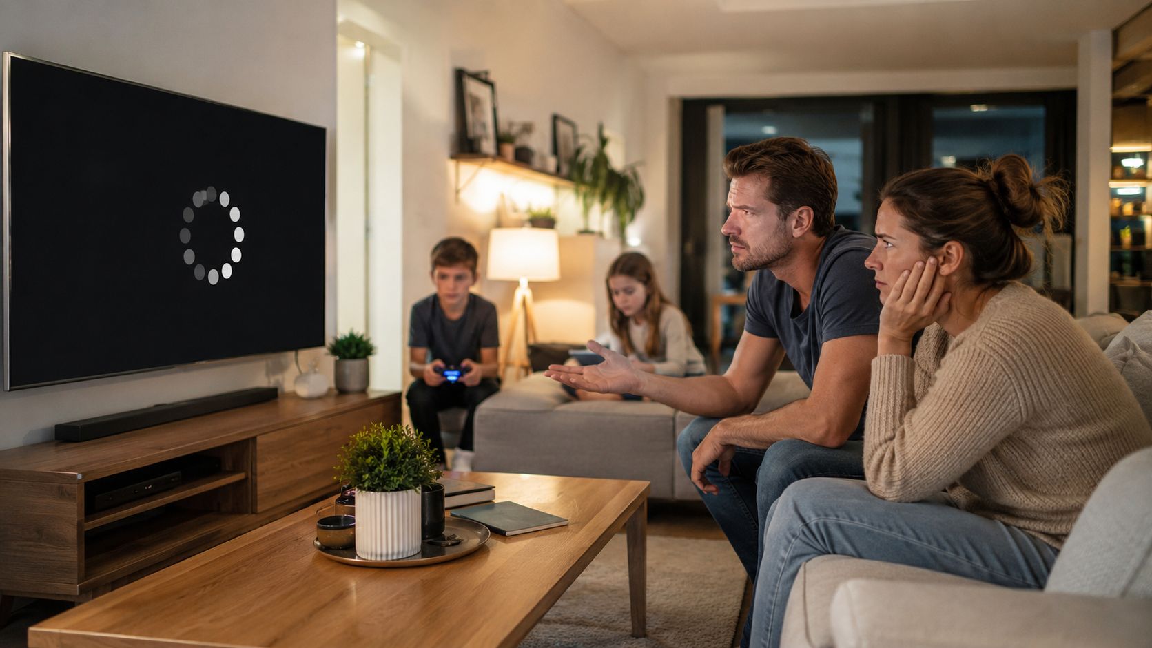 A family sitting on a couch in a living room looking frustrated at a frozen television screen.