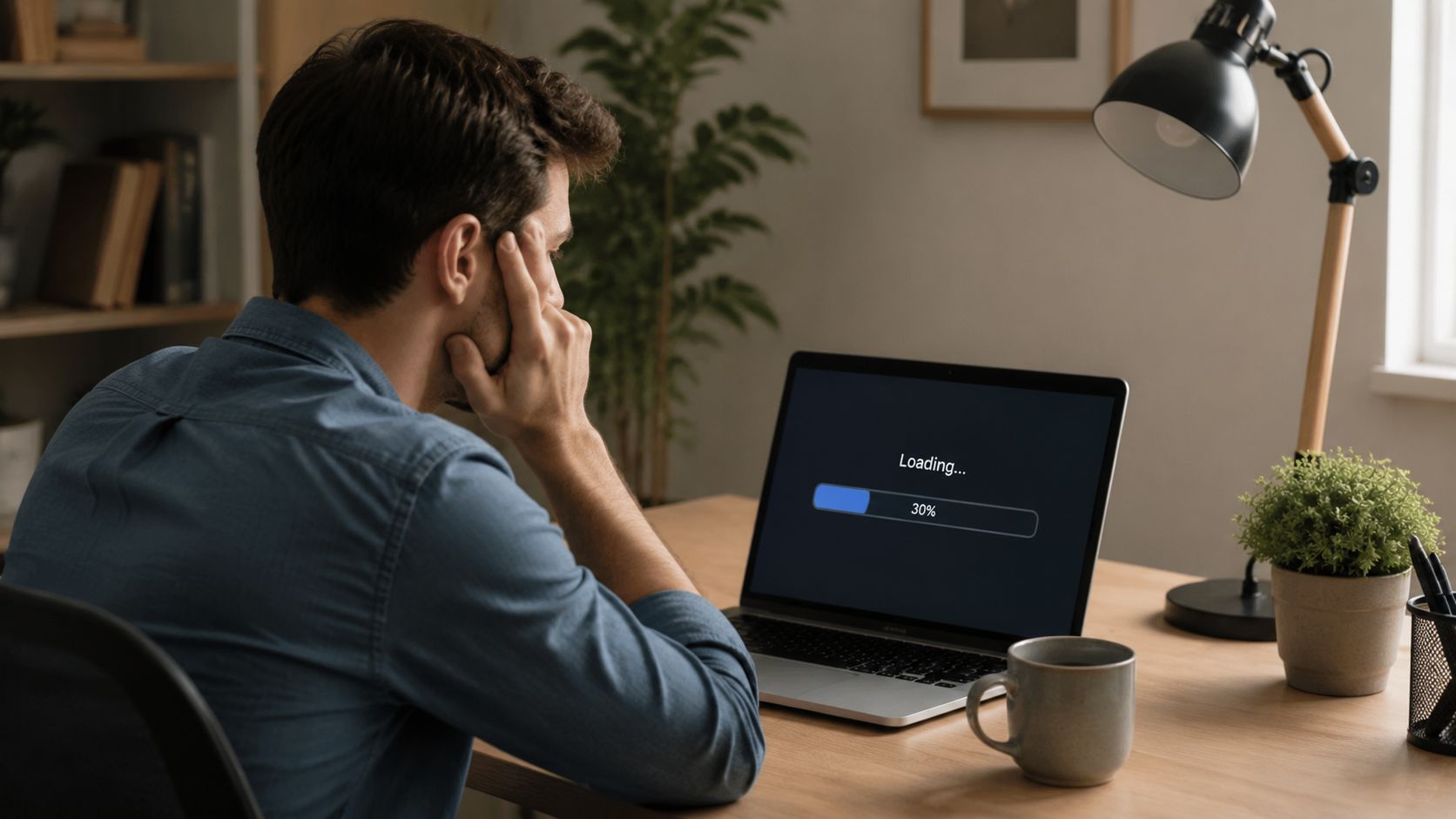 A man sits at a wooden desk, looking frustrated at his laptop screen which shows a loading bar.