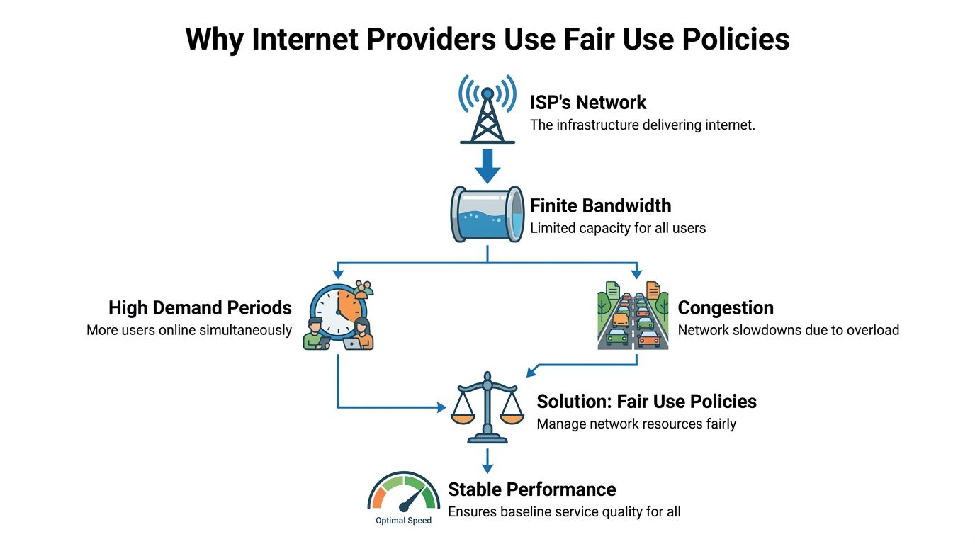 A flowchart explaining why internet service providers use fair use policies to manage network congestion and bandwidth.