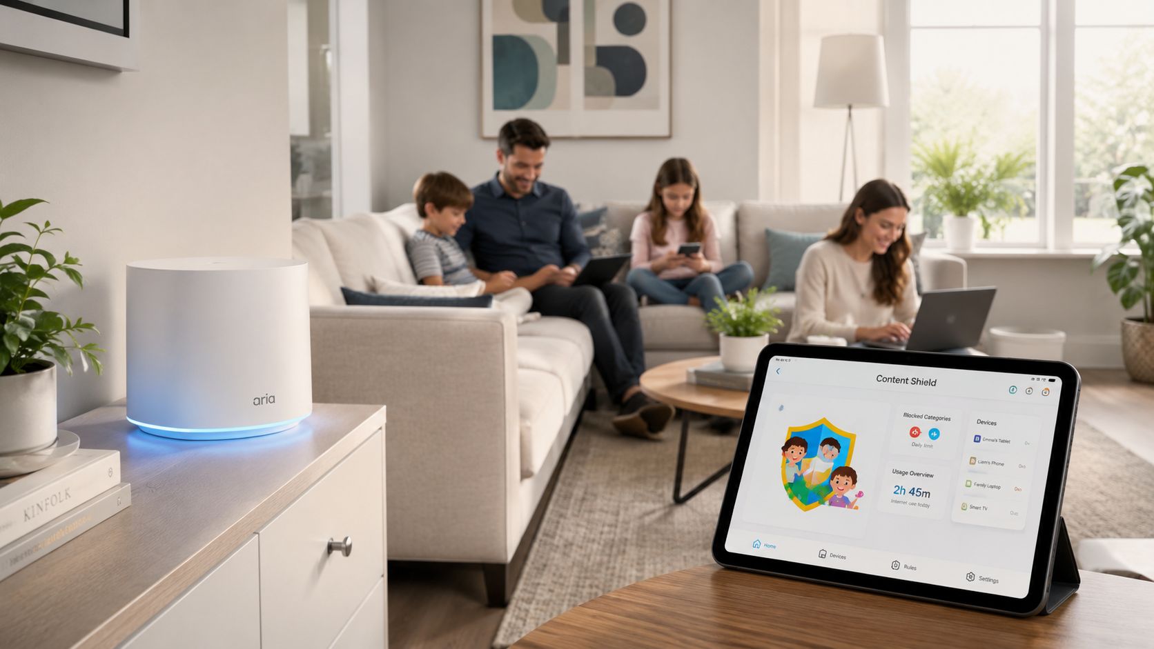 A family in a cozy living room using digital devices managed by a central internet home router.
