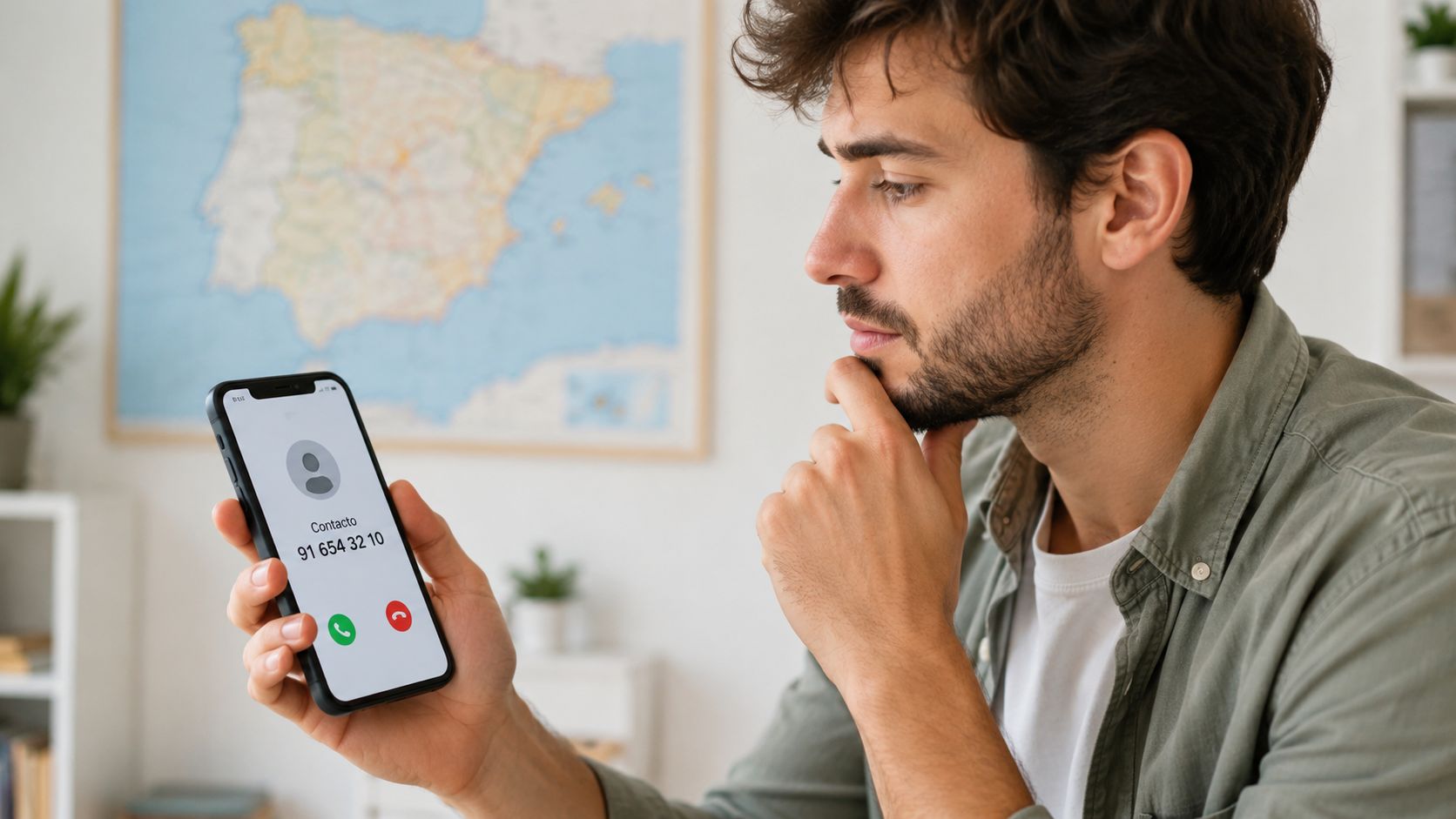 A concerned young man holding a smartphone showing an incoming call from a Spanish phone number.
