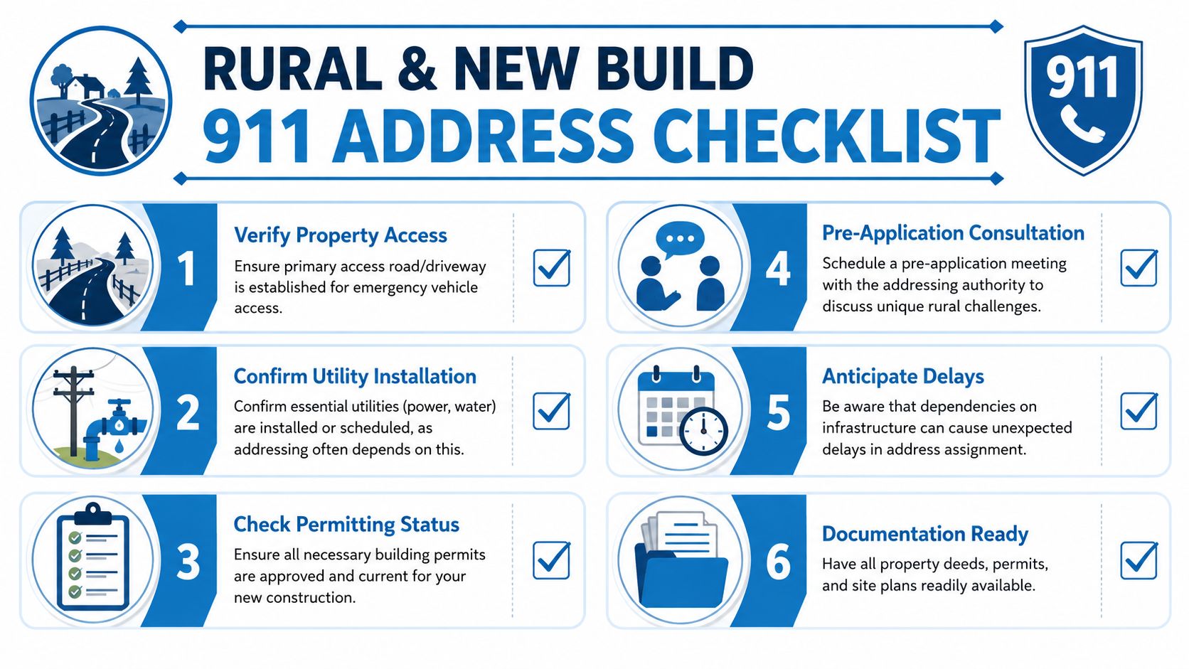 A six-step infographic guide for obtaining a rural or new build 911 address for property owners.