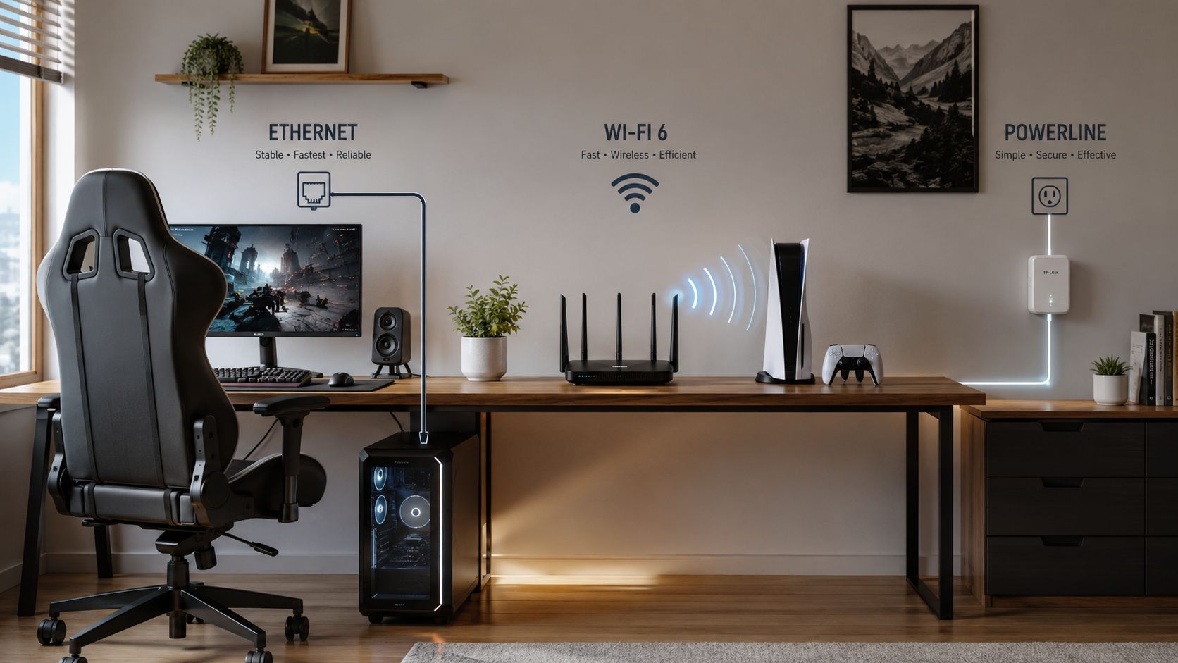 A gaming room setup illustrating three internet connection methods: Ethernet, Wi-Fi 6, and Powerline adapter for gaming.
