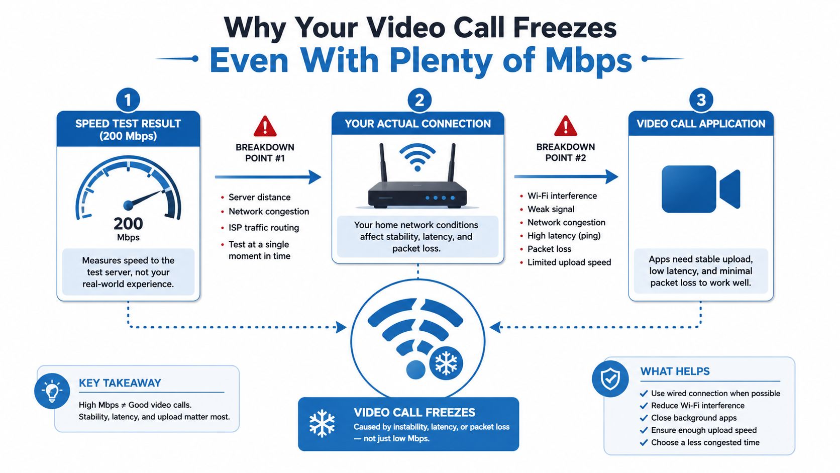 An infographic explaining why video calls freeze despite high speed internet test results.