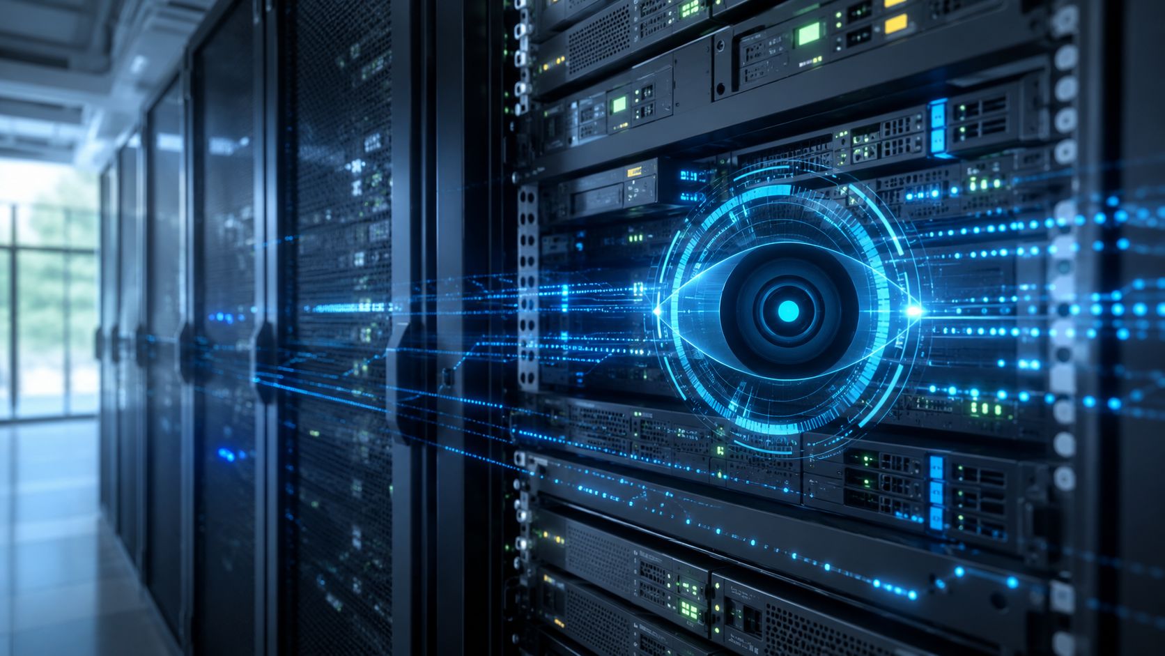 A digital eye graphic overlay representing advanced cybersecurity and intrusion detection systems on server racks.