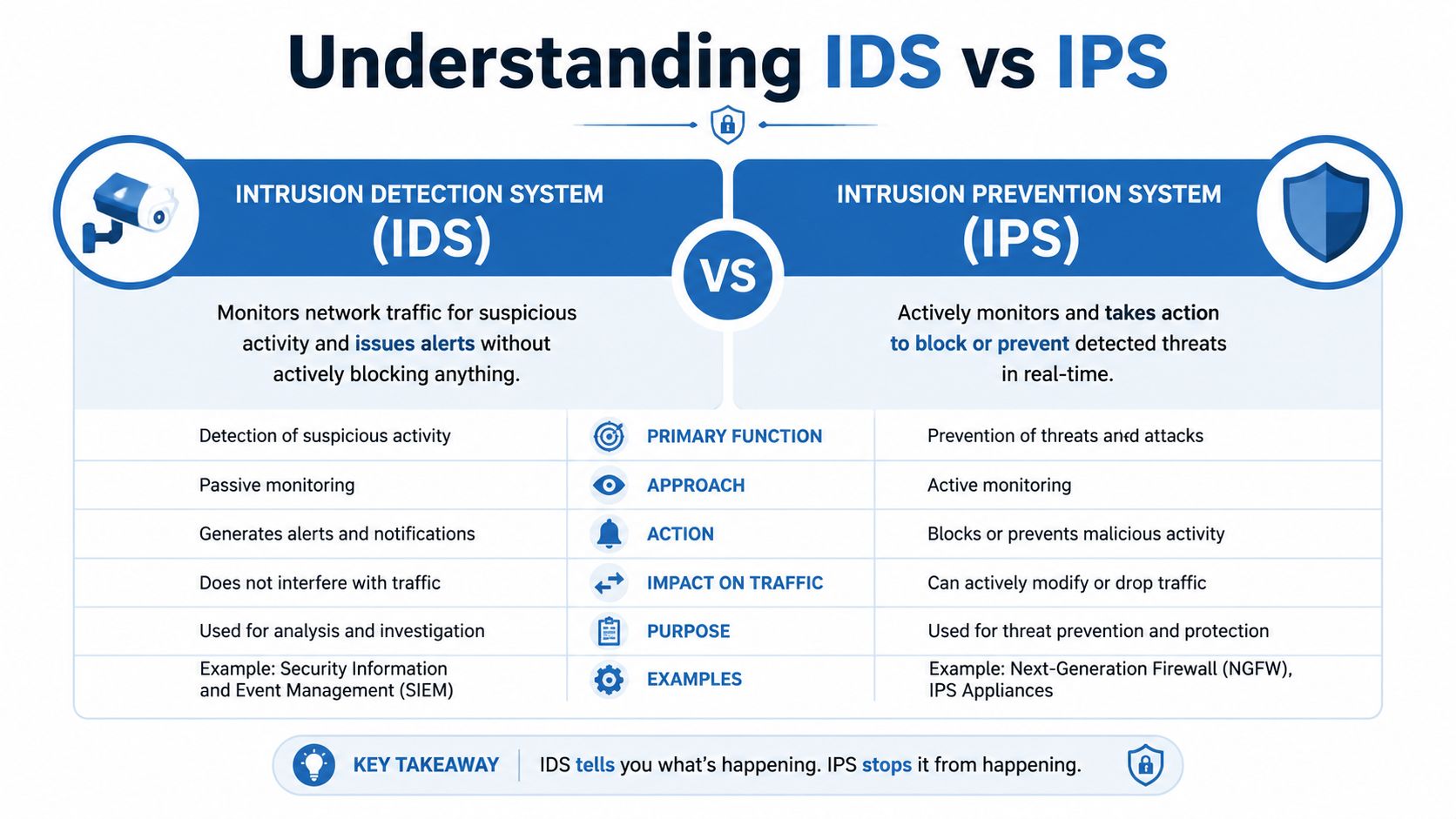 A comparison chart explaining the differences between Intrusion Detection Systems and Intrusion Prevention Systems for network security.