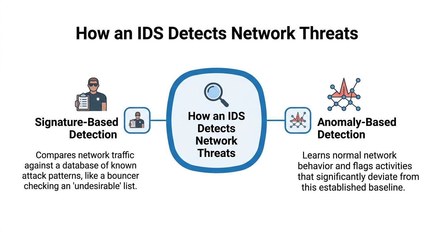 A diagram explaining how intrusion detection systems identify threats using signature-based and anomaly-based detection methods.