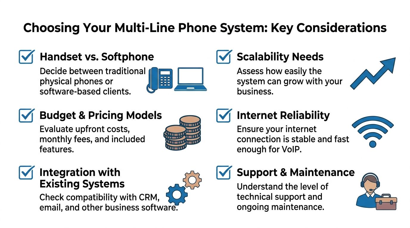 An infographic outlining six key factors to consider when choosing a multi-line business phone system.