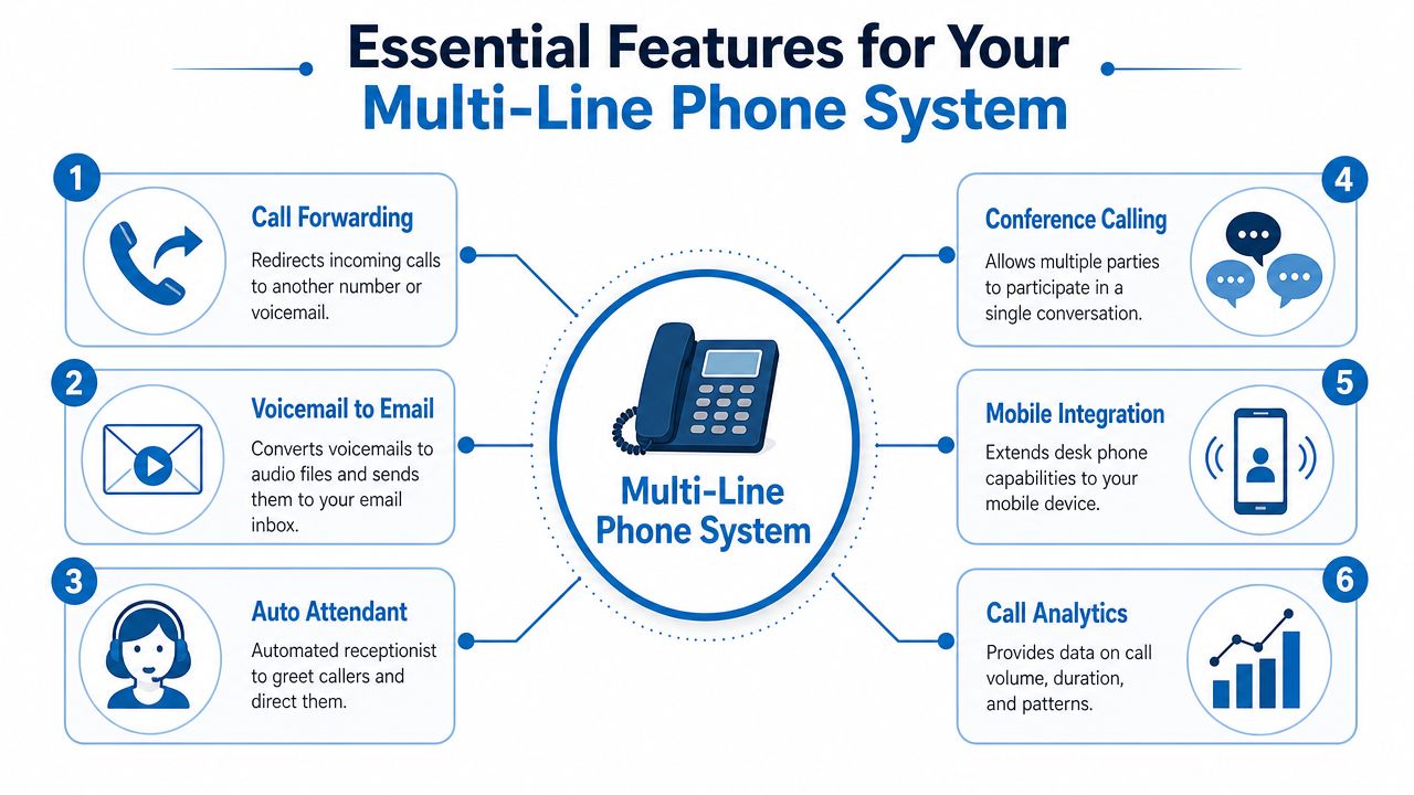An infographic detailing six essential features for a modern multi-line business office phone system.