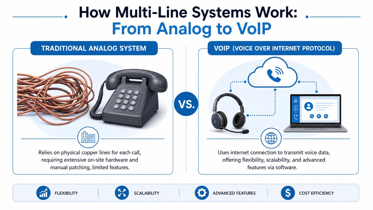 A comparison infographic showing traditional analog phone systems with copper wires versus modern cloud-based VoIP phone technology.
