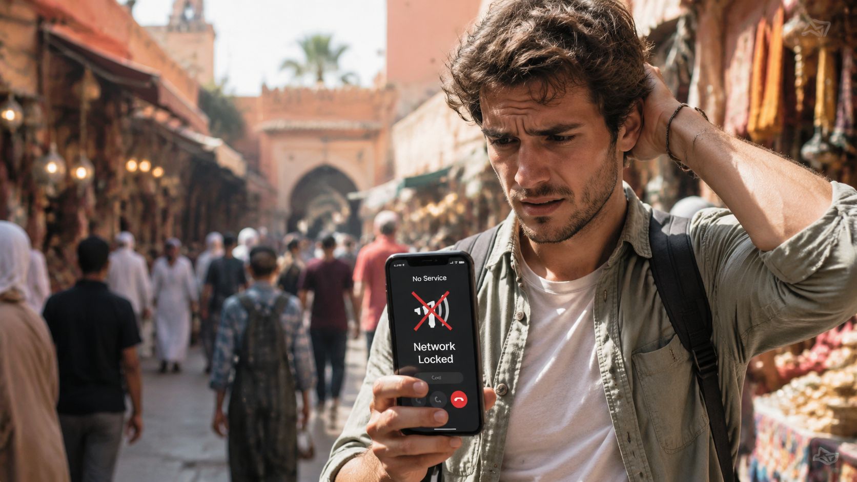 A concerned traveler looking at his smartphone displaying a no service and network locked error message.
