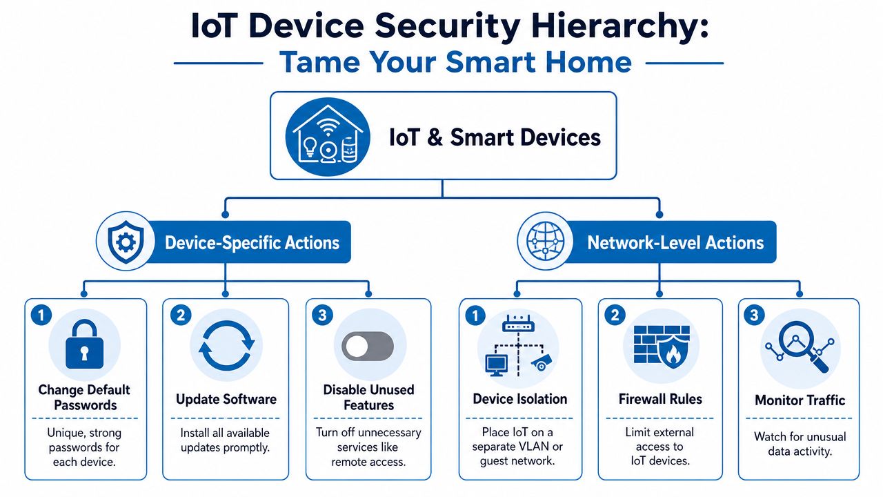 A diagram illustrating a security hierarchy for securing IoT devices at both the device and network levels.
