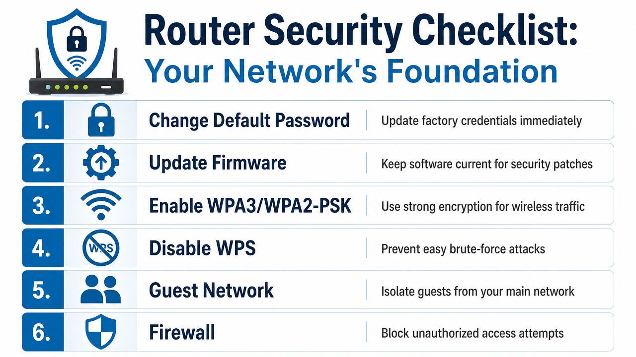A six-point infographic checklist for improving router security to protect your home network foundation.