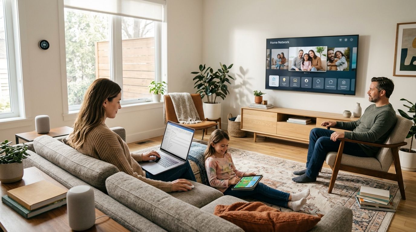 A family relaxing in their modern living room while using various connected smart home devices and electronics.