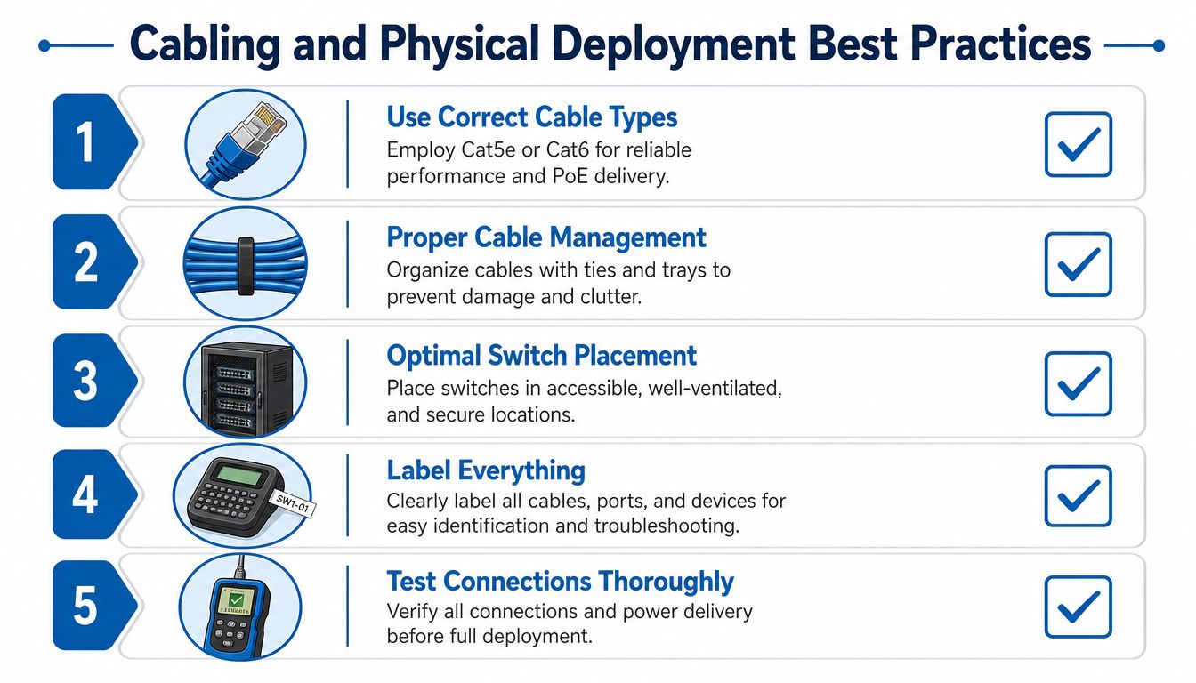 An infographic showing five best practices for cabling and physical deployment of networking equipment.