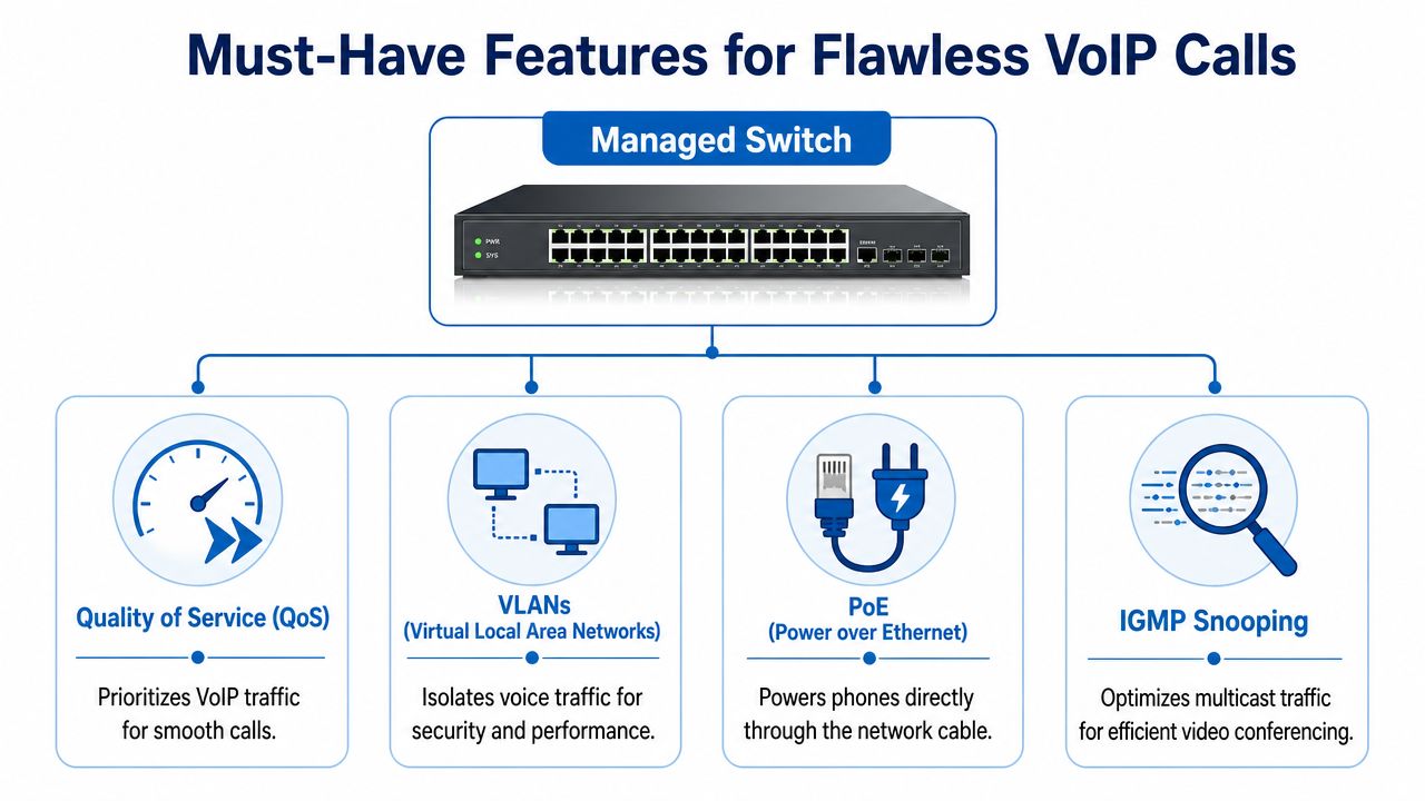 A diagram illustrating four essential managed switch features like QoS, VLANs, PoE, and IGMP Snooping for VoIP.