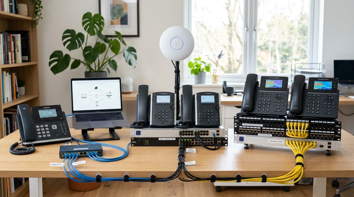 A professional office networking setup featuring VoIP phones, a PoE switch, and a laptop on a wooden desk.