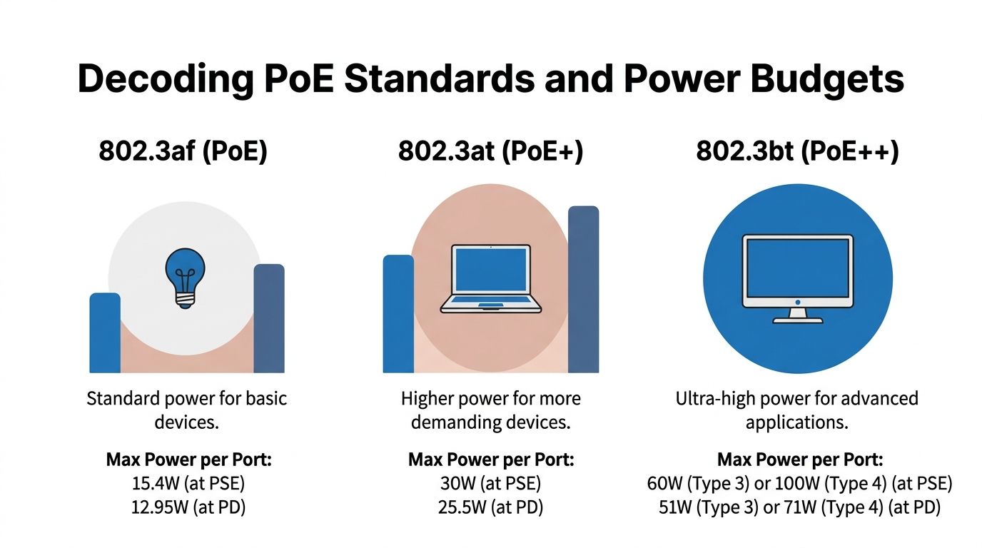 A chart comparing PoE standards, including 802.3af, 802.3at, and 802.3bt, with their respective power budget specifications.