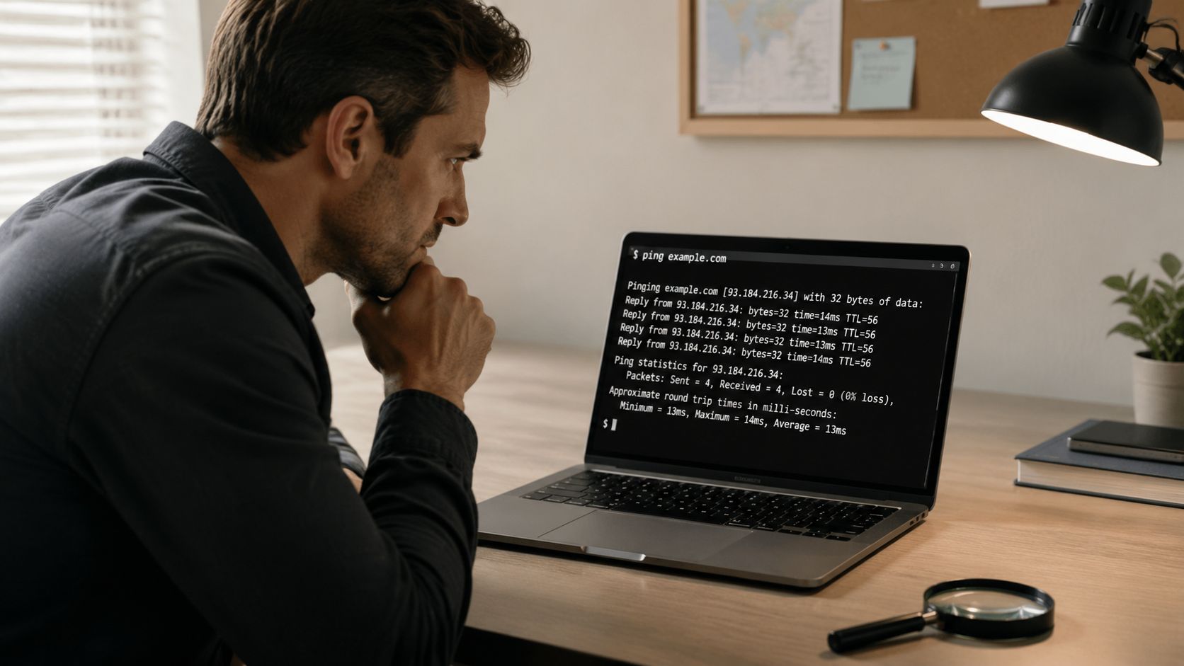 A professional man sitting at a desk looking intently at a terminal window pinging a website.