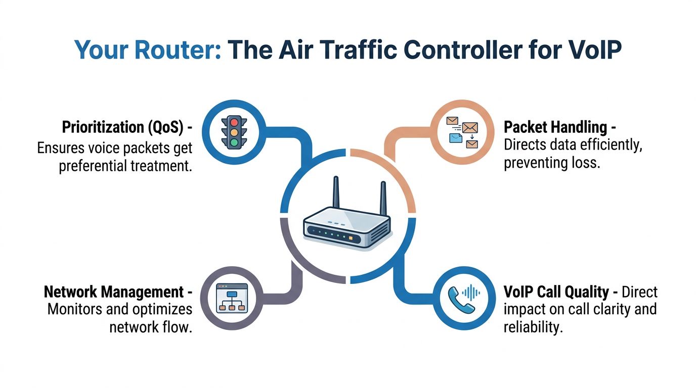 A diagram explaining how routers manage VoIP traffic through prioritization, packet handling, and network optimization.