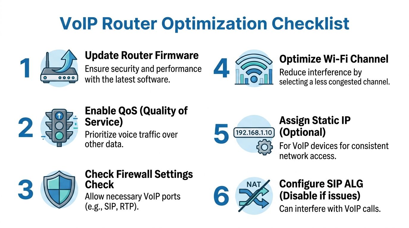 A six-step checklist for optimizing routers to improve VoIP call quality and network performance.